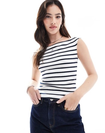 off shoulder top in white and navy stripe