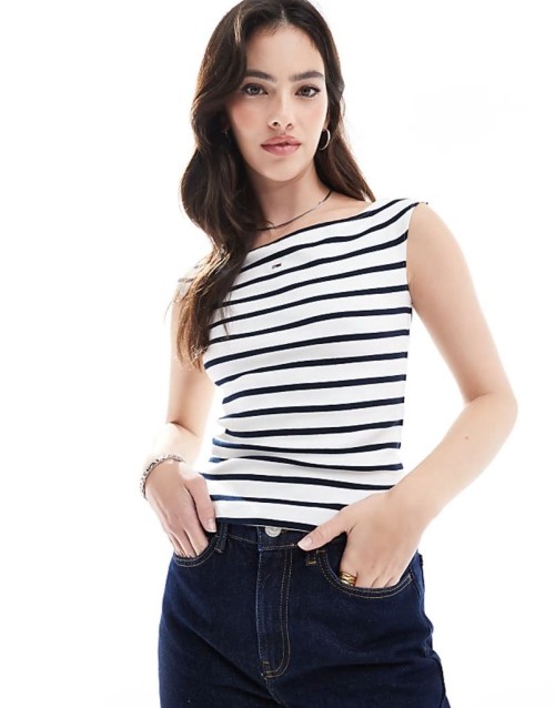 off shoulder top in white and navy stripe