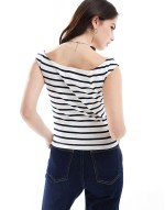 off shoulder top in white and navy stripe