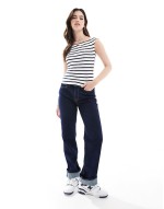 off shoulder top in white and navy stripe
