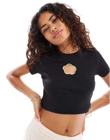 cropped baby tee with flower cut out in black