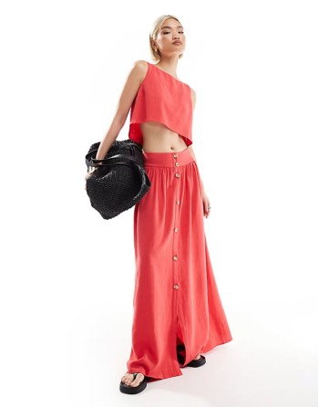 co-ord linen blend sveless top in coral