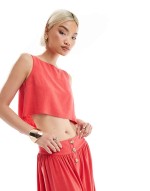 co-ord linen blend sveless top in coral