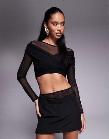 double layered slinky & mesh crossover top in black