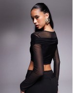 double layered slinky & mesh crossover top in black