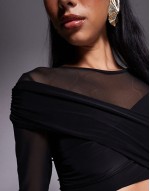 double layered slinky & mesh crossover top in black