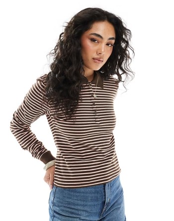 long sved pique polo in pink and chocolate brown stripe