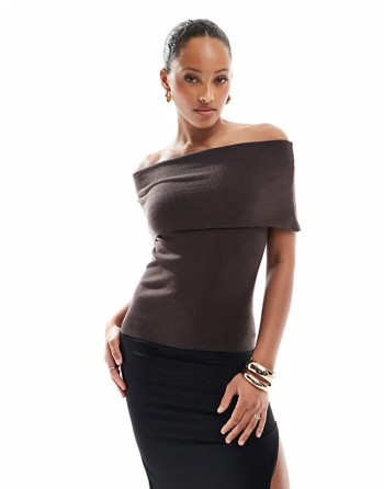 deep foldover bandeau longline knitted top in chocolate