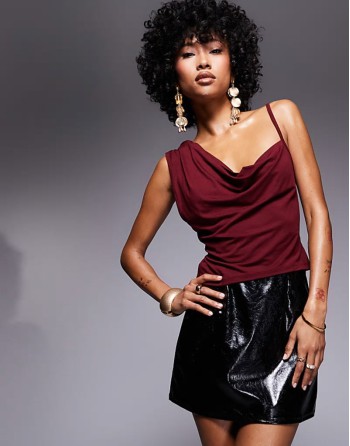 asymmetric slinky cowl top in burgundy