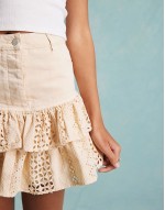 broderie hem contrast denim mini skirt in ecru