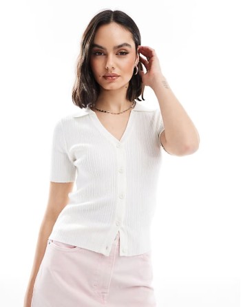 knitted ribbed polo top in off white