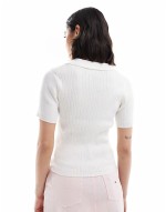 knitted ribbed polo top in off white