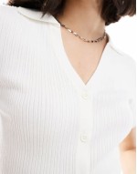 knitted ribbed polo top in off white