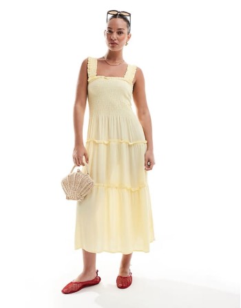 shirred cami midi dress in pale banana