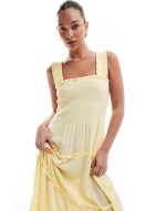 shirred cami midi dress in pale banana