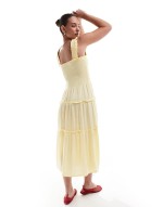 shirred cami midi dress in pale banana