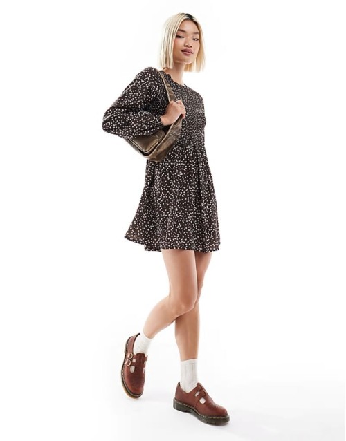 shirred long sve mini  smock dress in brown floral