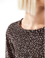 shirred long sve mini  smock dress in brown floral