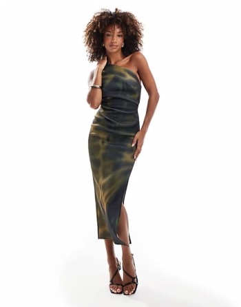pleated one shoulder scuba midi dress in green abstract print