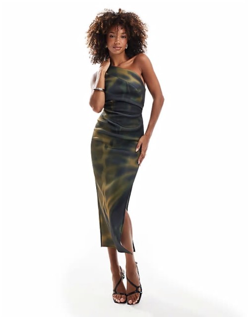 pleated one shoulder scuba midi dress in green abstract print