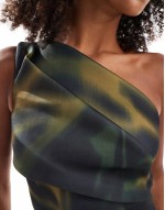 pleated one shoulder scuba midi dress in green abstract print