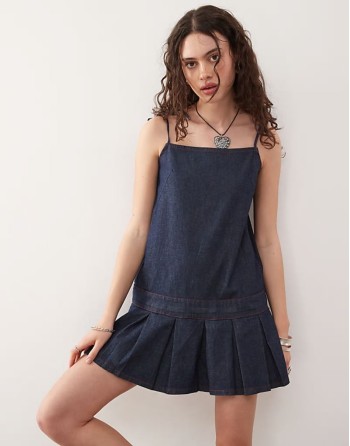 pleated denim mini dress in rinse