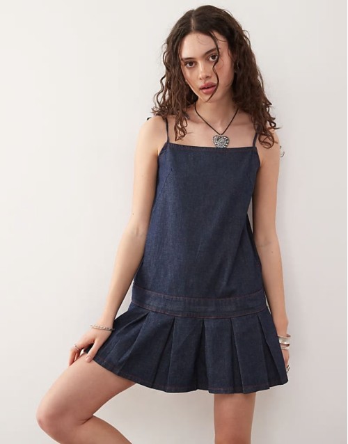 pleated denim mini dress in rinse