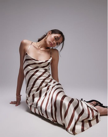 cowl slip midi dress brown and ivory stripe