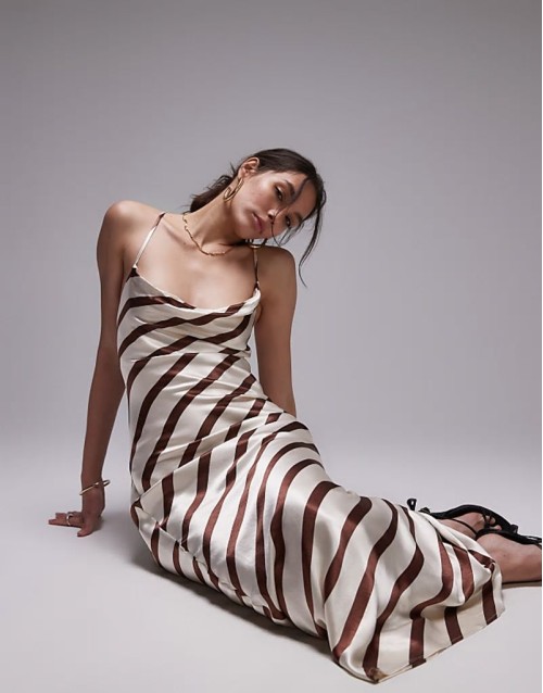 cowl slip midi dress brown and ivory stripe