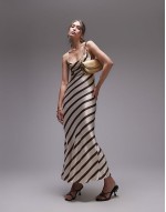 cowl slip midi dress brown and ivory stripe
