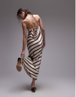 cowl slip midi dress brown and ivory stripe