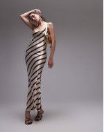cowl slip midi dress brown and ivory stripe