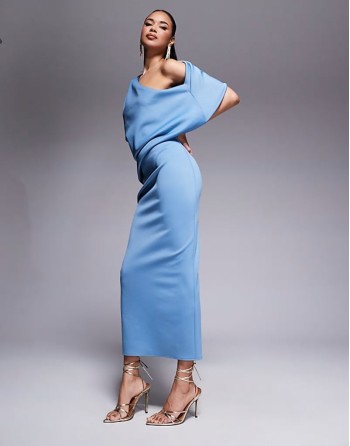 scuba pleated fallen shoulder midi dress with asymmetric back in pale blue