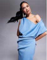 scuba pleated fallen shoulder midi dress with asymmetric back in pale blue