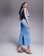scuba pleated fallen shoulder midi dress with asymmetric back in pale blue