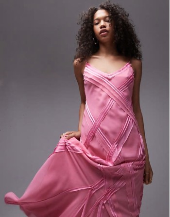 premium raw seam detail midi slip dress in sweet pink