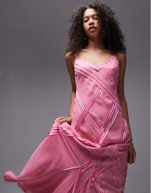 premium raw seam detail midi slip dress in sweet pink