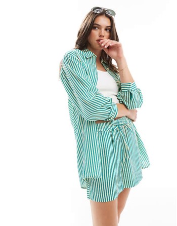 linen mix seaside stripe shirt in green co-ord