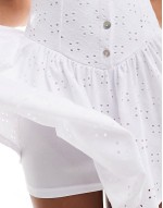 pearl button through broderie mini dress in white