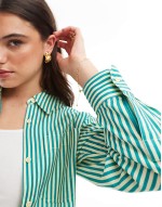 linen mix seaside stripe shirt in green co-ord