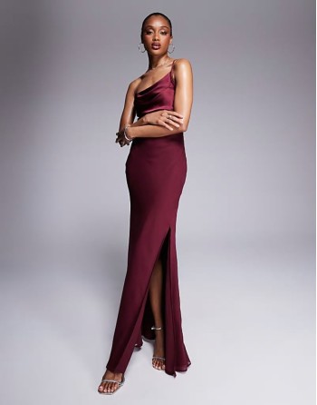 Tall satin chiffon mix draped one shoulder maxi dress in burgundy