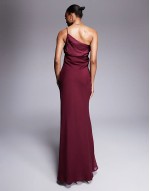 Tall satin chiffon mix draped one shoulder maxi dress in burgundy