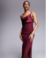 Tall satin chiffon mix draped one shoulder maxi dress in burgundy