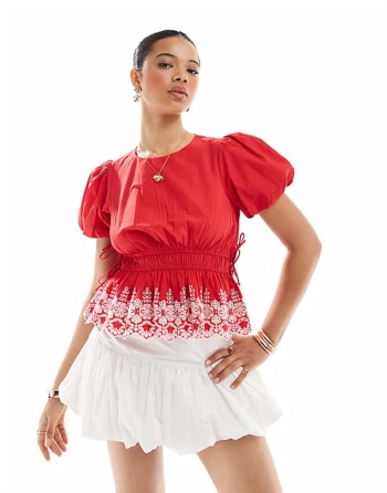 puff sve embroidered hem top in red
