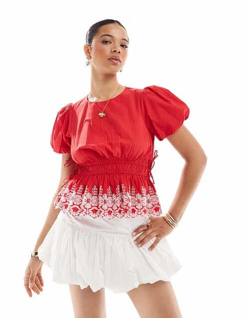 puff sve embroidered hem top in red