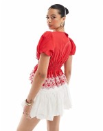 puff sve embroidered hem top in red