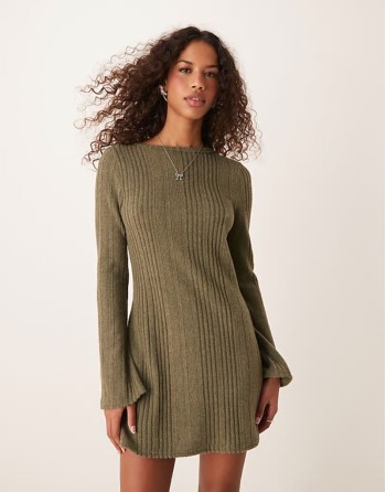 soft brushed rib fit and flare dress in khaki