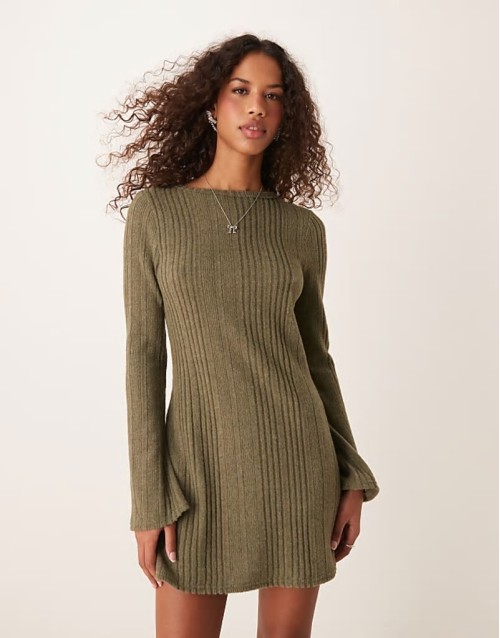 soft brushed rib fit and flare dress in khaki