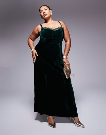 Curve velvet corset midi dress with lace insert in deep teal