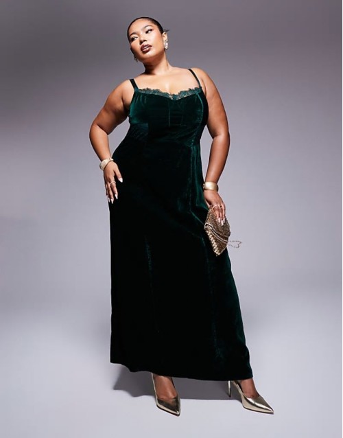 Curve velvet corset midi dress with lace insert in deep teal